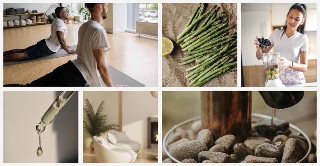 Image collage with six photos that depct relaxing wellness activities that wellness brands can use
